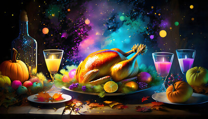 Colored and magical Thanksgiving dinner table with a turkey ready to be served - obrazy, fototapety, plakaty