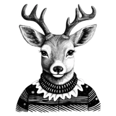 Foto op Plexiglas A trendy hipster reindeer wearing a festive winter jumper. Vintage style sketch illustration © ink drop