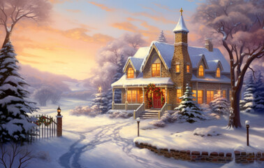 Fototapeta na wymiar Christmas night in the city, landscape with houses christmas, Wooden house in winter time
