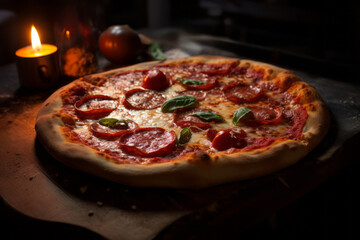 A pizza sitting on top of a wooden table. Pepperoni, mushroom and mozzarella pizza fresh from the oven on a wooden tray with a black surface.