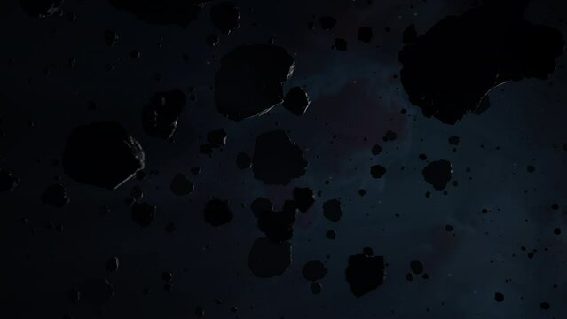 Asteroid belt field in dark outer space. 3D animation wide pan shot. Rock formations of cosmic debris and giant Meteorites. Celestial objects on starry stars background with dust nebula haze low light