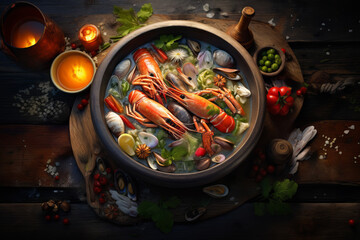 Asian spicy seafood on black background, grilled shrimp with lemon. boiling pot of seafood pasta over open flames