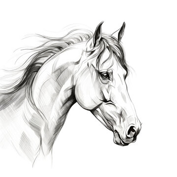 Horse Portrait in Black and White Graphic Isolated on White Background
