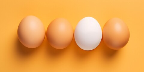 Top View of Five Eggs on an Orange Background, Featuring the Unique Presence of a Fried Egg in a Breakfast Concept