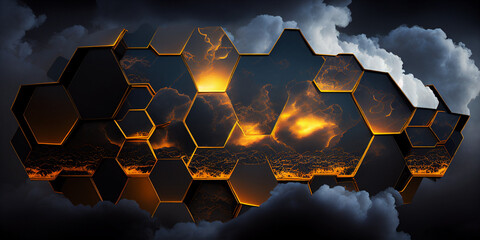 Hexagonal Harmony: Black, Gold, and Atmospheric Clouds