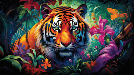A tiger prowling through a dense, enchanting jungle of colors Ai Generative

