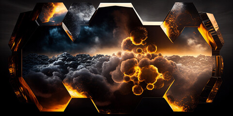 Hexagonal Harmony: Black, Gold, and Atmospheric Clouds