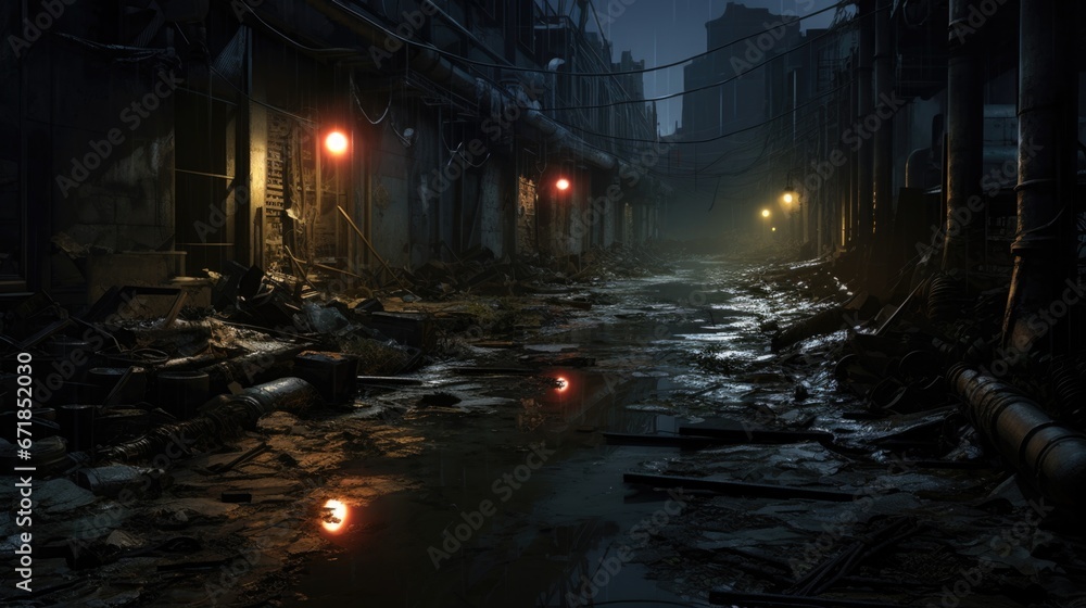 Poster A dark alley with a street light shining in the middle, AI