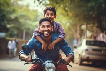 Papier Peint photo Vélo young indian father riding a bike with his son