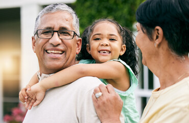 Grandparents, child and piggyback, happiness and hug with love, young girl with old man and woman outdoor. Relax, smile and trust, care and happy family, people on lawn of holiday home with fun