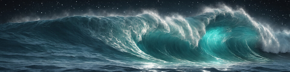 Banner with giant ocean surf wave at night. Seascape illustration with night stormy sea, turquoise water with white foam and splashes, starry sky. Generative AI