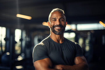  Smiling male personal trainer portrait of smiling at camera in gym. Happy man fitness coach standing in modern sport club interior. Active sport life getting fit healthy lifestyle concept