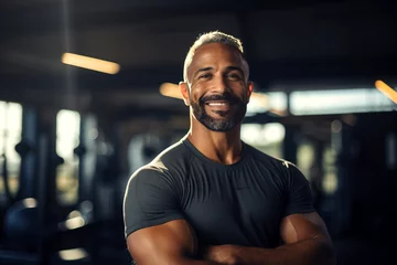 Foto auf Alu-Dibond  Smiling male personal trainer portrait of smiling at camera in gym. Happy man fitness coach standing in modern sport club interior. Active sport life getting fit healthy lifestyle concept © Valeriia