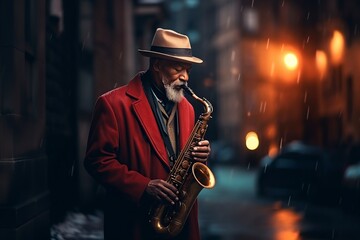 man in a hat and jacket playing the saxophone - obrazy, fototapety, plakaty