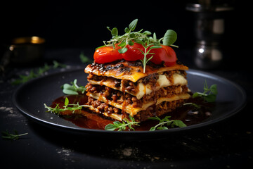 Close-up Tempting Lasagna with Bolognese Sauce and Melted Cheese. Savoring Layers of Delicious Lasagna, Traditional Italian Cuisine