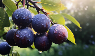 Close up plums plant. Organic summer background. Ripe plums on a branch with green foliage. Blue plums are ready to be harvested