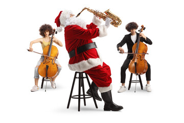 Santa claus playing a saxophone and young man and woman playing cellos