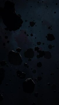 Asteroid belt field in dark outer space. 3D animation wide pan shot. Rock formations of cosmic debris and giant Meteorites. Celestial objects on starry stars background with dust nebula haze low light