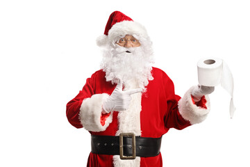 Santa claus holding a toilet paper roll and pointing