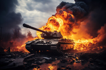 Armed tank army in the middle of a war. War concept. Generative AI - obrazy, fototapety, plakaty