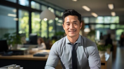Fototapeta premium Asian Man Receptionist Employee Attractive Backdrop Generative AI