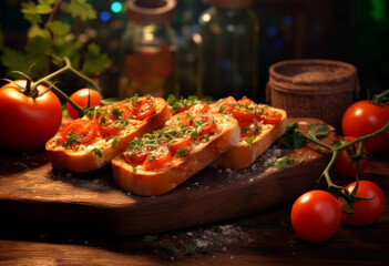Snacks for the buffet. Delicious bruschetta with tomatoes. Italian bruschetta with fried tomatoes, mozzarella cheese, herbs on the table.