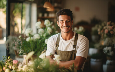 Shot of a nice young florist man who is working in flower shop - obrazy, fototapety, plakaty