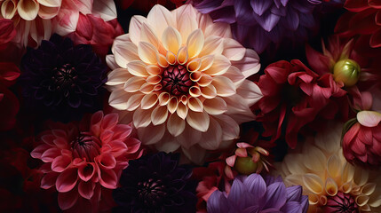 Fototapeta premium Abstract dahlia blossoms interweaving with soft, vibrant nebulas Ai Generative