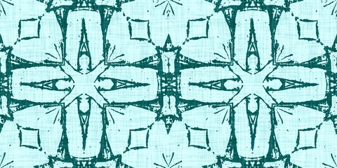 Teal green white vibrant watercolor batik azulejos tile border banner background. Seamless aqua coastal blur linen effect geometric mosaic effect.Boho Patchwork nautical masculine summer ribbon trim. 
