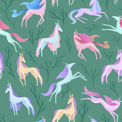 Unicorn in the forest graceful pattern. Colorful unicorns in different poses on green background. Perfect for wallpaper in girl's room