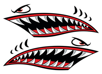 Shark teeth car decal angry Flying tigers bomber shark mouth motorcycle fuel tank sticker vector graphic. - obrazy, fototapety, plakaty