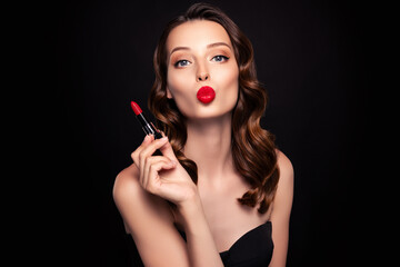 Photo of chic classy lady coquette applying new pomade send air kiss on valentine day date over dark background