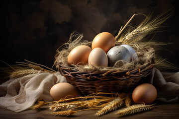 Eggs in a basket on a wooden farm table, Colorful chicken eggs in wicker basket. Easter atmosphere