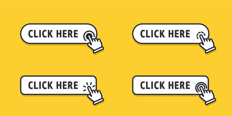 Click here button with arrow pointer clicking icon. Click here vector web button. Web button with action of arrow pointer. Click here, UI button concept. Vector illustration - obrazy, fototapety, plakaty