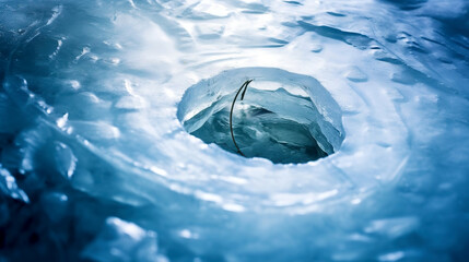 Ice hole with thin stick on frozen surface, generative ai - obrazy, fototapety, plakaty