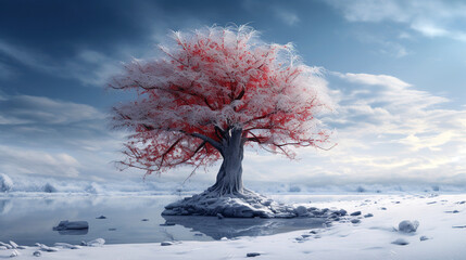 Snow-covered landscape with crimson tree, generative ai