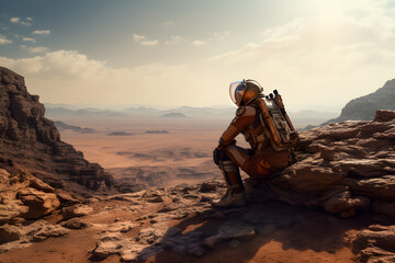 Human mission to Mars, person wearing a space suite on the surface of Mars