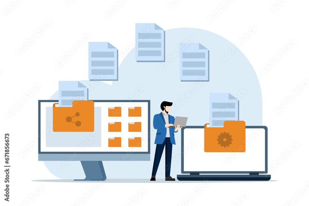 Poster concept of file transfer, data backup, document storage, cloud technology, upload and download, busi