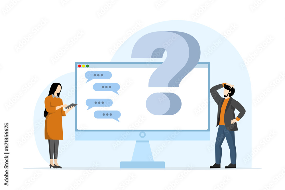 Poster faq concept, characters have questions. frequently asked questions, customer support, useful informa