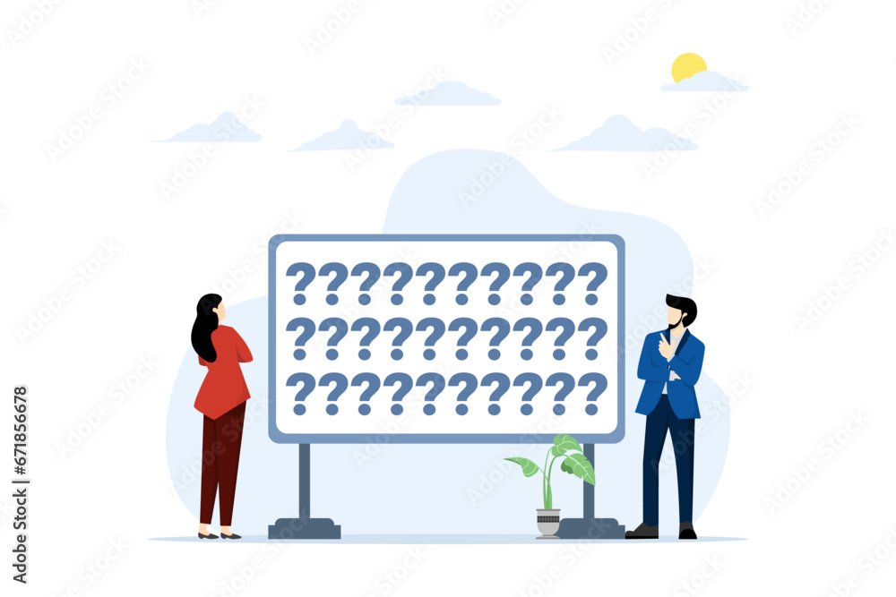 Poster faq concept, characters have questions. frequently asked questions, customer support, useful informa