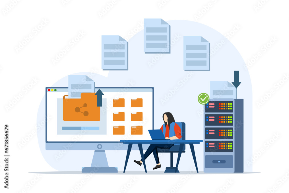 Aufkleber concept of file transfer, data backup, document storage, cloud technology, upload and download, busi