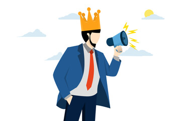 Bossy management concept, big boss or company president, CEO or CEO, employer, leadership or manager, angry businessman boss shouting on megaphone while ordering. flat vector illustration.