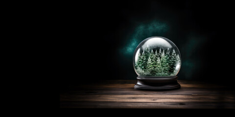 Fototapeta na wymiar Ai generation. Snow globe with fir trees inside on wooden table at night. Empty