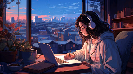 Girl studying at dusk in city apartment, generative ai
