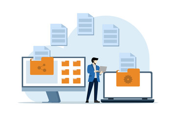 concept of file transfer, data backup, document storage, cloud technology, upload and download, business characters transferring files between devices, flat vector illustration on background.