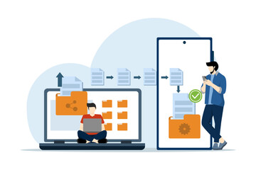 concept of file transfer, data backup, document storage, cloud technology, upload and download, business characters transferring files between devices, flat vector illustration on background.
