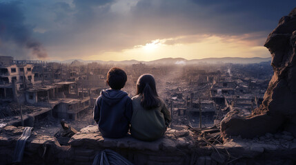 Children overlooking war-torn city at sunset, generative ai