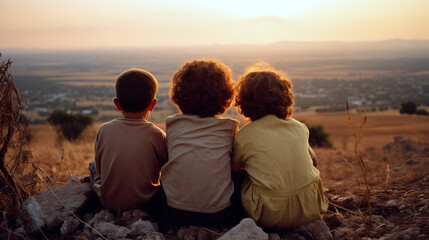 Three children overlooking sunset on horizon, generative ai - obrazy, fototapety, plakaty