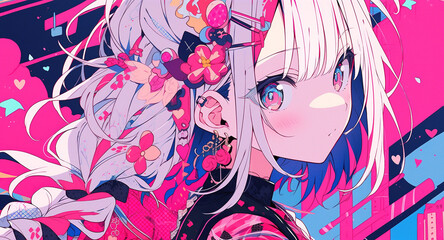 Vibrant anime girl with colorful accessories, generative ai