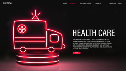 A web banner with an ambulance on a neon podium with a red color on a dark background. A concept for healthcare and medicine.
